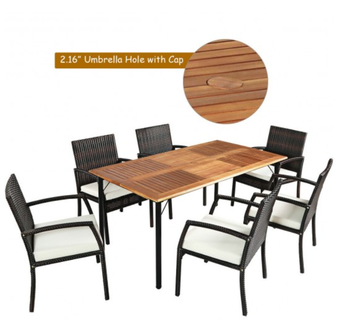 7 Pieces Patio Rattan Cushioned Dining Set with Umbrella Hole, fully assembled,