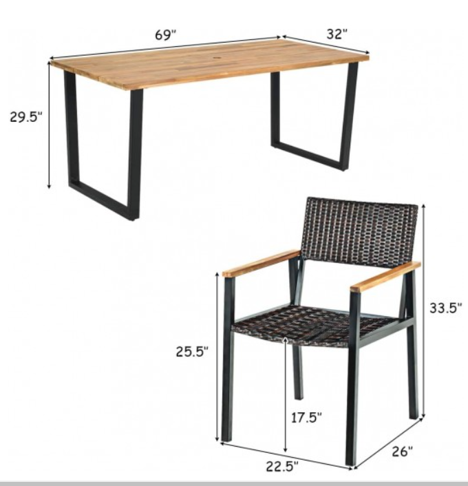 7 Pieces Outdoor Dining Set with Large Acacia Wood Table Top, fully assembled