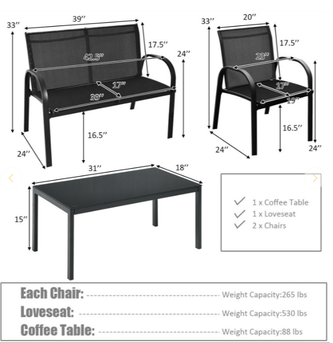 4 Pieces Patio Furniture Set with Glass Top Coffee Table, in box, not assembled