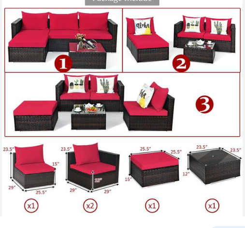 5PCS Patio Rattan Furniture Set Sectional,  assembled, light red pillows