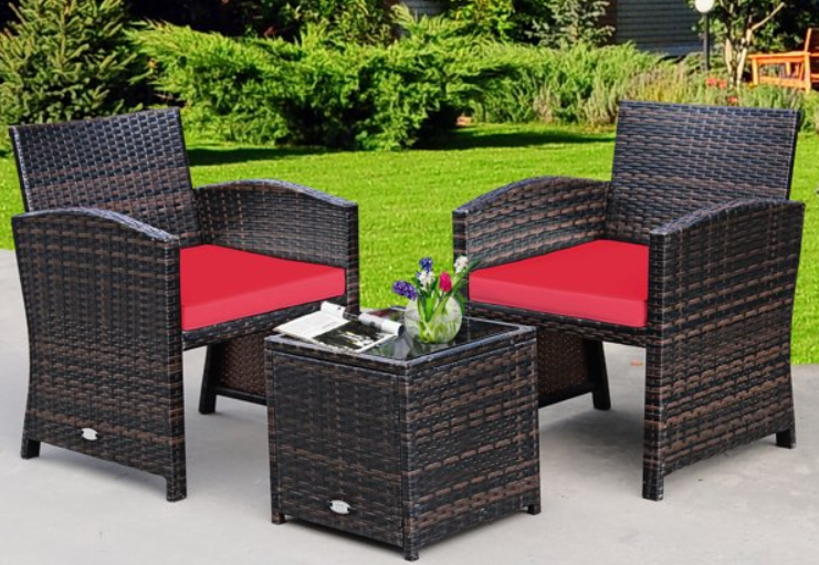 3 Pieces PE Rattan Wicker Furniture Set with Cushion Sofa Coffee Table for Garden-Red - Assembled