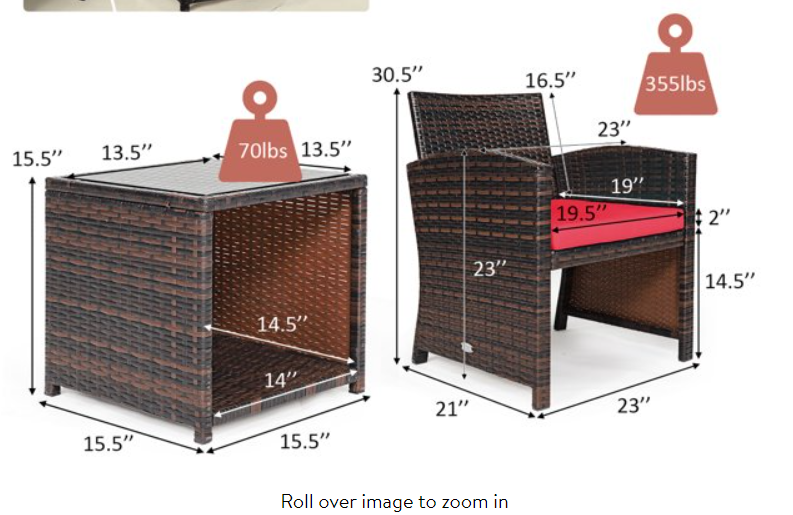 3 Pieces PE Rattan Wicker Furniture Set with Cushion Sofa Coffee Table for Garden-Red - Assembled