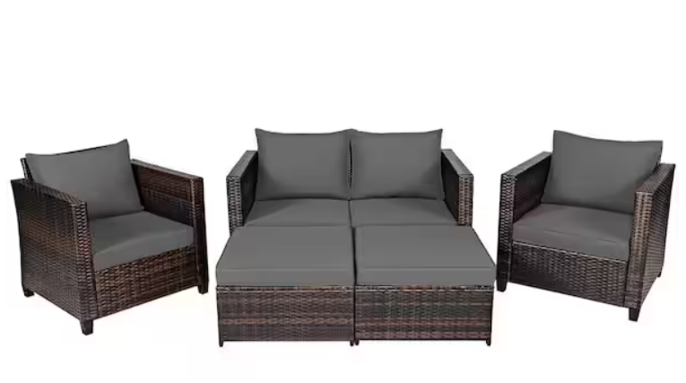 5-Piece Outdoor Patio Rattan , Grey Cushions, fully assembled