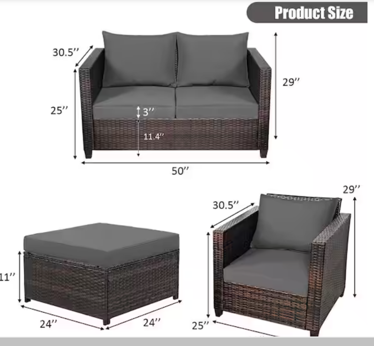 5-Piece Outdoor Patio Rattan , Grey Cushions, fully assembled