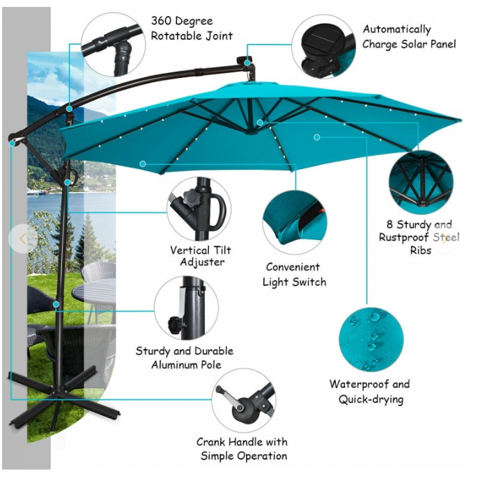 10 Feet 360° Solar Powered LED Patio Offset Umbrella without Weight Base, special customer return