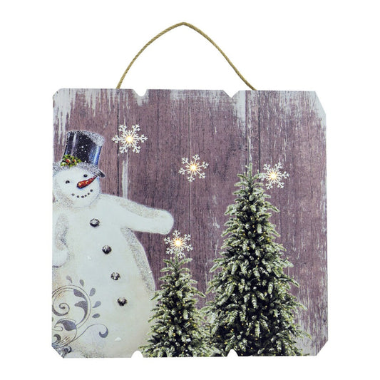 MDF 16″X16″ 4 LED SNOWMAN WITH 2 XMAS TREES & SNOWFLAKES