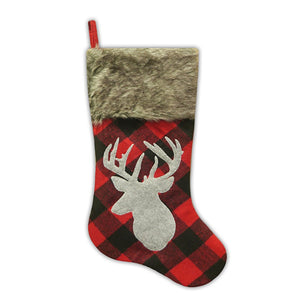 STOCKING 20.5″ PLAID W/ FAUX FUR CUFF, APPLIQUE & EMBROIDERY