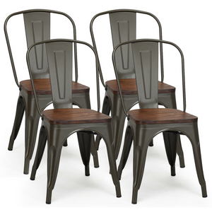 Set of 4 Tolix Style Metal Dining Side Chair Wood Seat Stackable Bistro Cafe