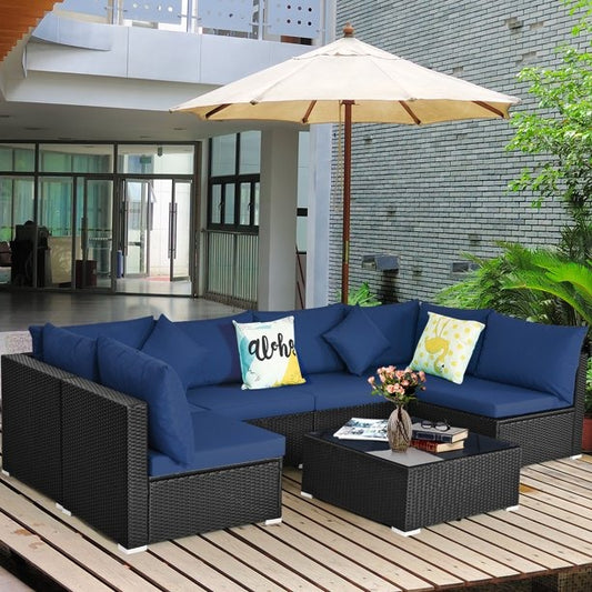 7 Pieces Patio Rattan Sofa Set Sectional Conversation Furniture Set Garden Navy - *UNASSEMBLED/IN BOX*