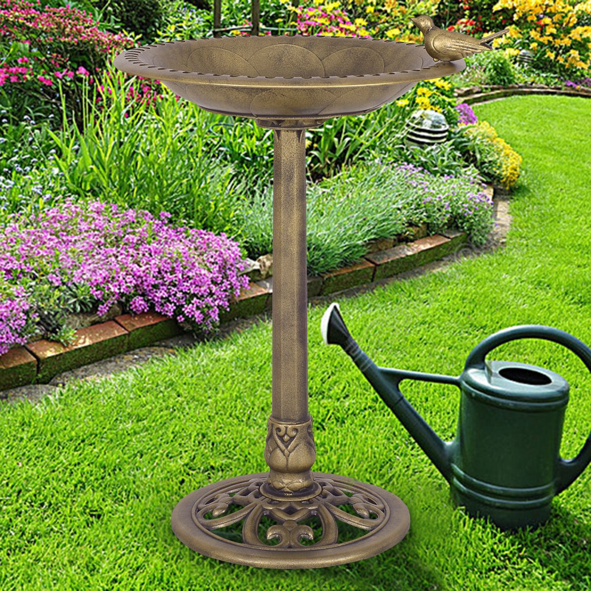 Antique Gold Freestanding Pedestal Bird Bath Feeder