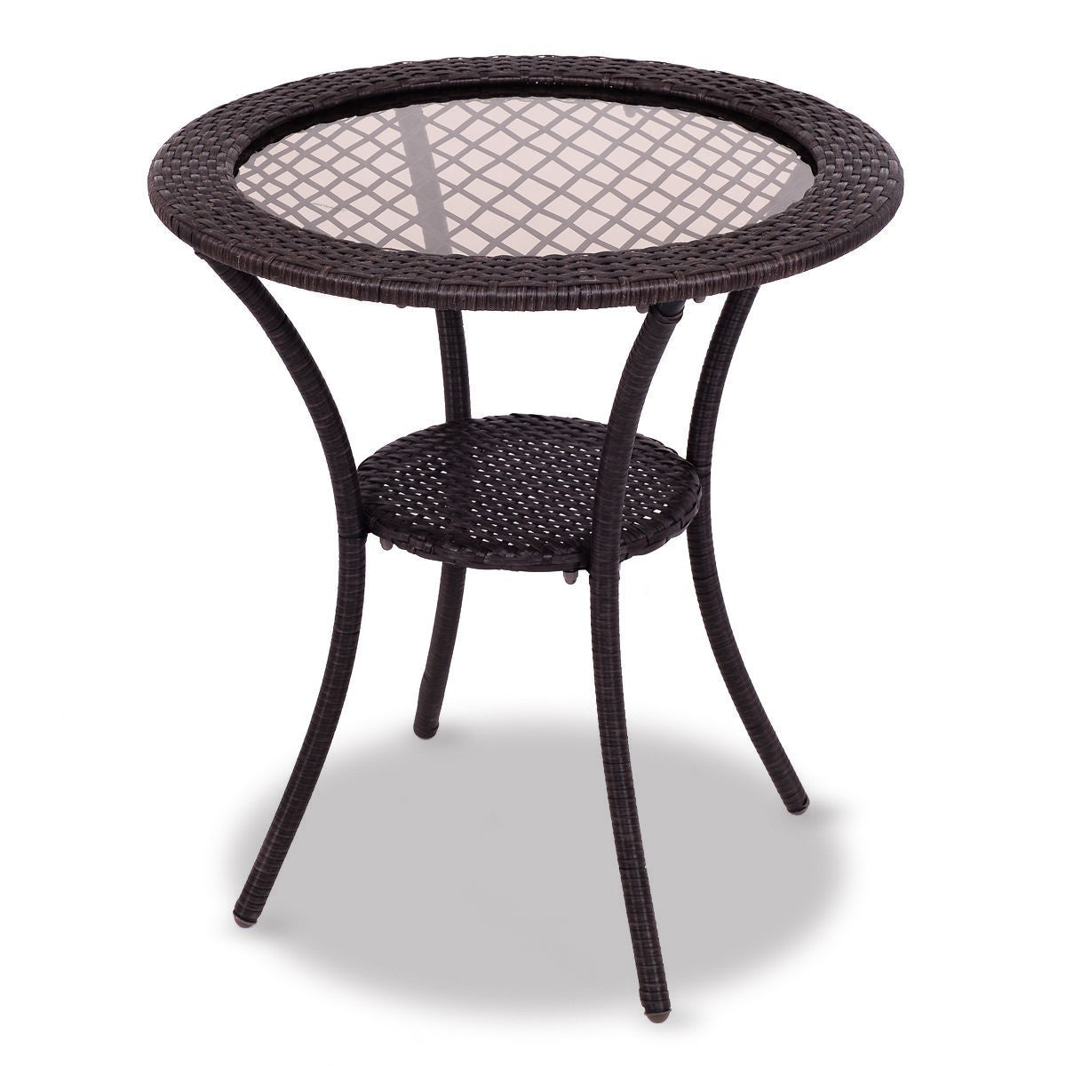 Round Rattan Wicker Coffee Table with Lower Shelf, assembled