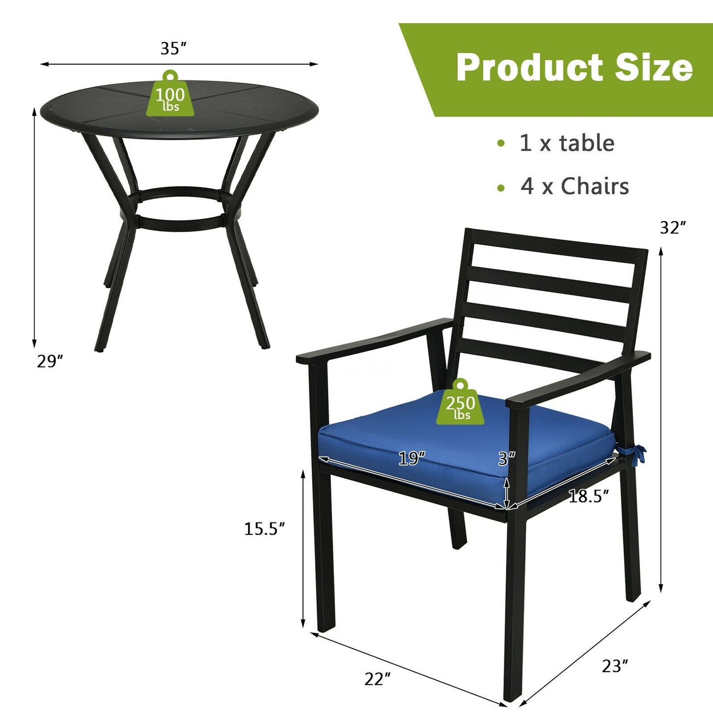 5 Pieces Outdoor Patio Dining Chair Table Set with Cushions, 1 box unassembled - HW64411