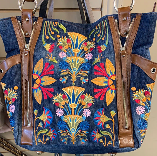 Sharif Handbags Denim Embrodery - Cognac trim