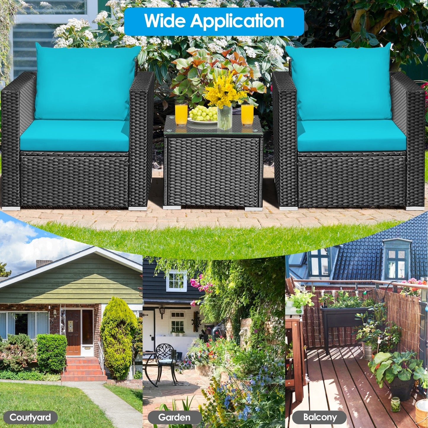 3 Pieces Patio Wicker Furniture Set With Cushion-Turquoise, Fully Assembled, slight irregular