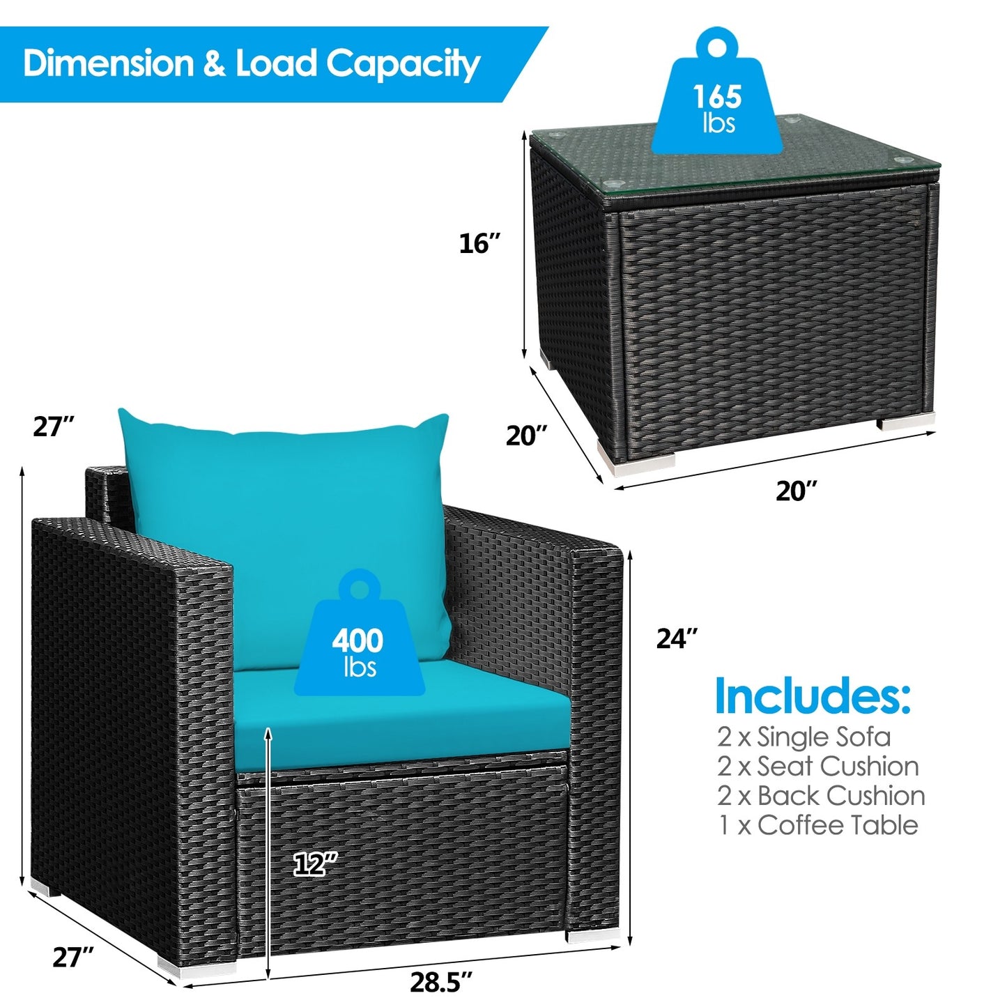 3 Pieces Patio Wicker Furniture Set With Cushion-Turquoise, Fully Assembled, slight irregular