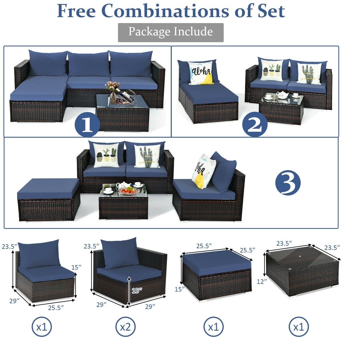 5 Pieces Patio Rattan Sectional Furniture Set with Cushions and Coffee Table, *2 BOXES/UNASSEMBLED*