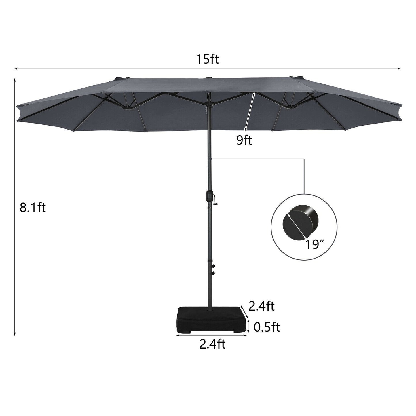 15FT Double-Sided Patio Umbrella with 12-Rib Structure