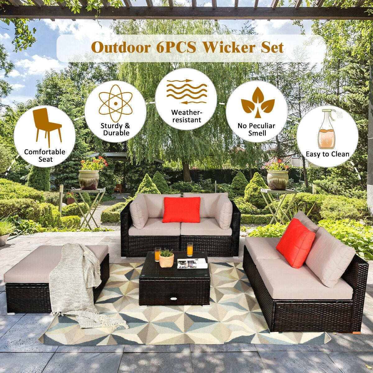 6 Pieces Outdoor Patio Rattan Furniture Set, 3 Boxes Unassembled