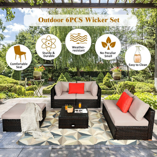 6 Pieces Outdoor Patio Rattan Furniture Set, 3 Boxes Unassembled