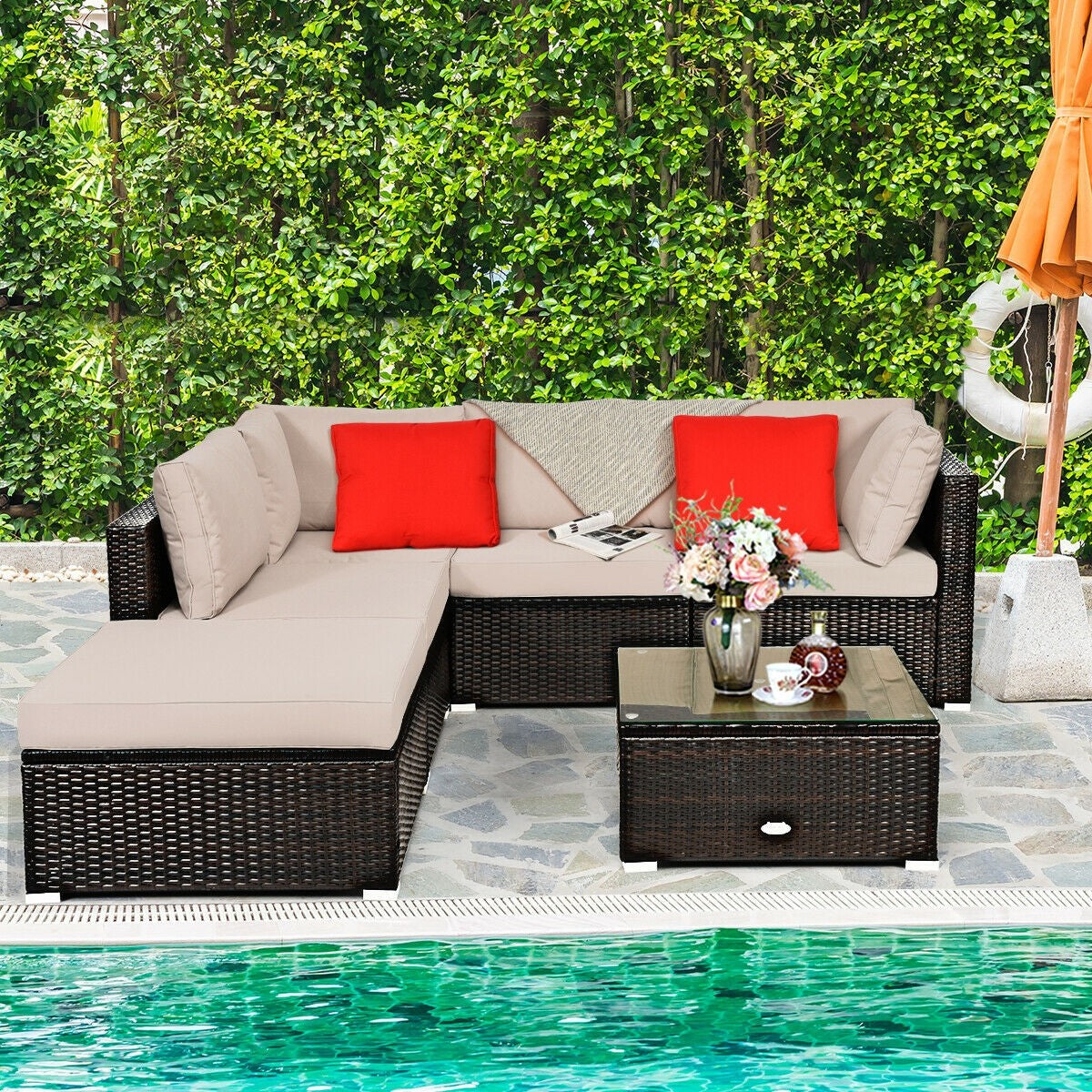 6 Pieces Outdoor Patio Rattan Furniture Set, 3 Boxes Unassembled