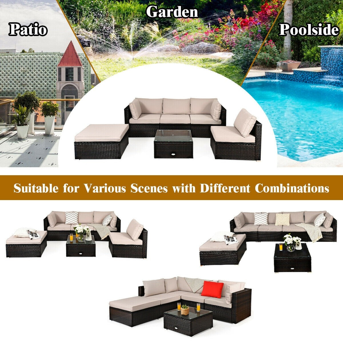 6 Pieces Outdoor Patio Rattan Furniture Set, 3 Boxes Unassembled