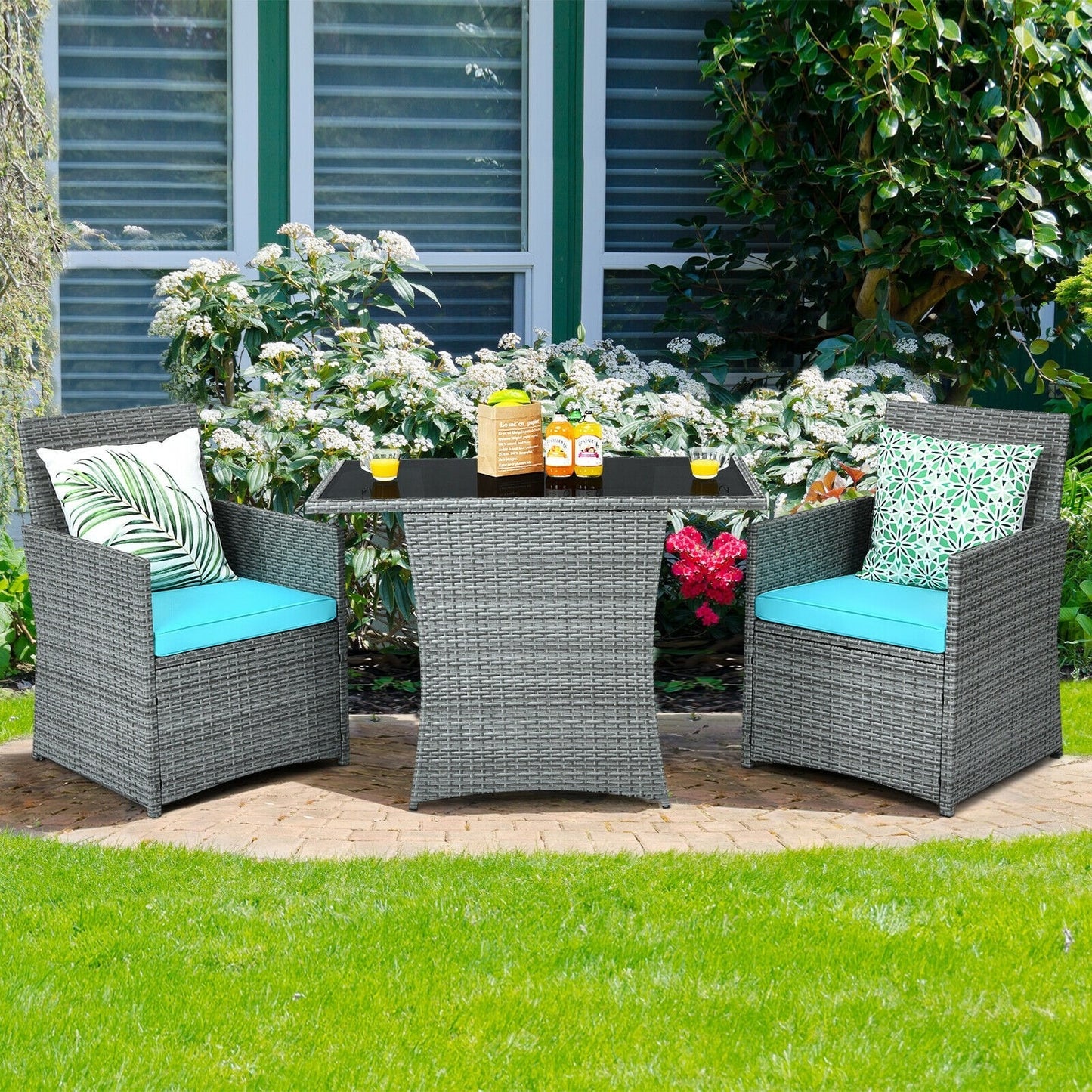 3 Pieces Patio Rattan Furniture Set with Cushions *FULLY ASSEMBLED*- TURQUOISE - HW68177TU