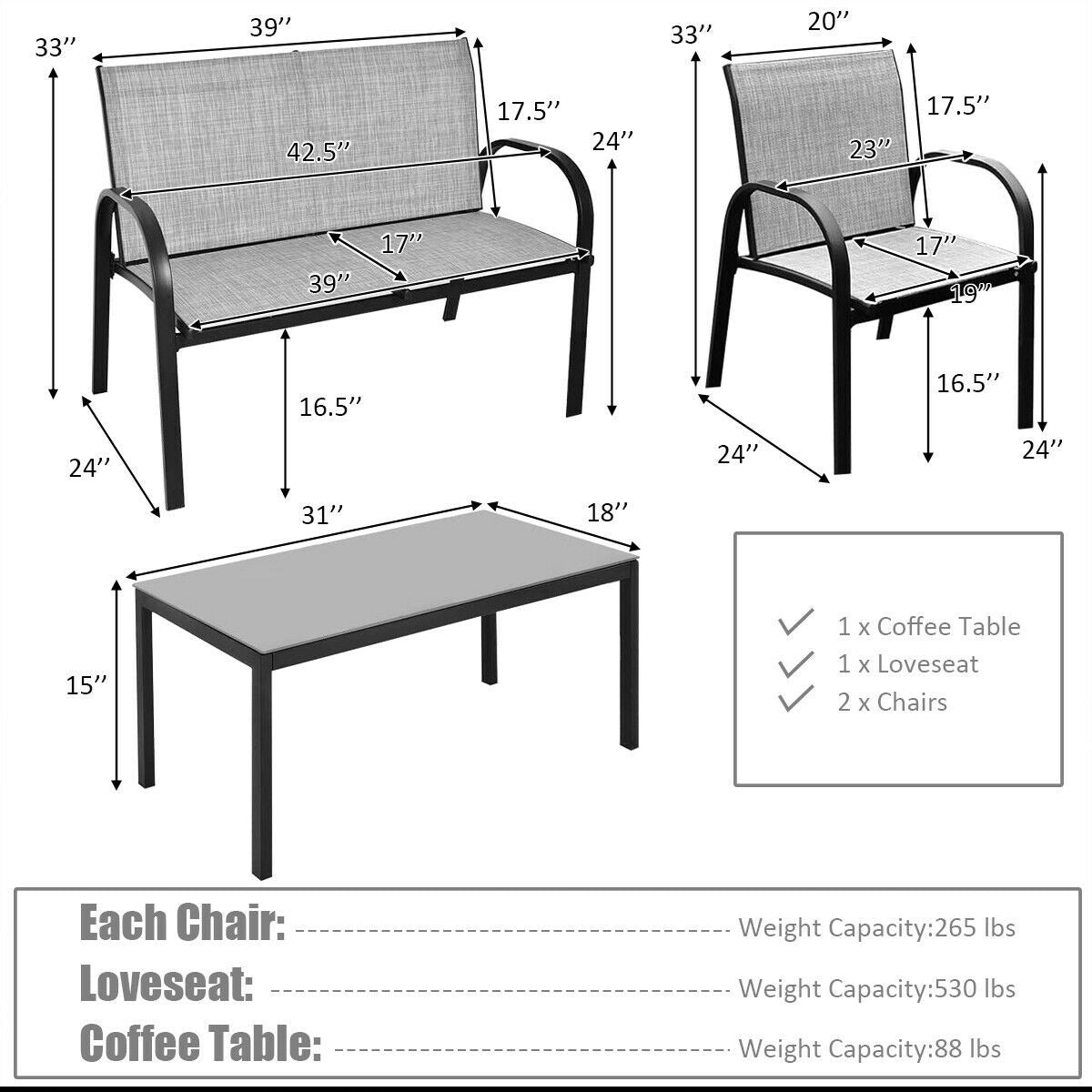 4 Pieces Patio Furniture Set with Glass Top Coffee Table *UNASSEMBLED/IN BOX* - HW65848GR