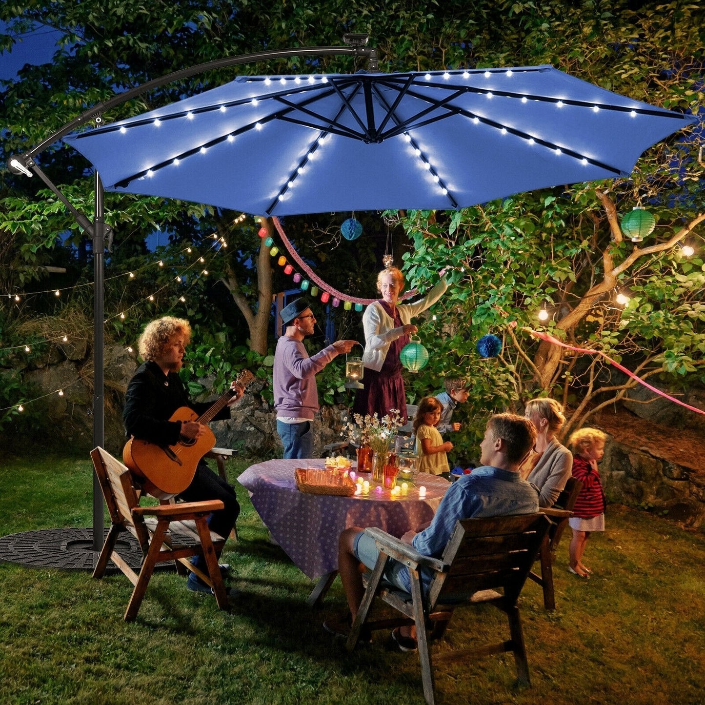 10 Ft Solar LED Offset Umbrella with 40 Lights and Cross Base for Patio - BLUE