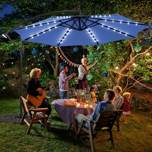 10 Ft Solar LED Offset Umbrella with 40 Lights and Cross Base for Patio - BLUE