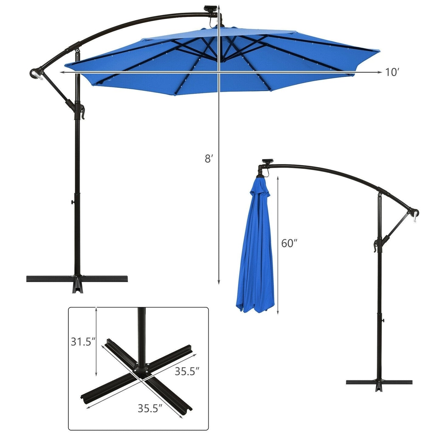 10 Ft Solar LED Offset Umbrella with 40 Lights and Cross Base for Patio - BLUE