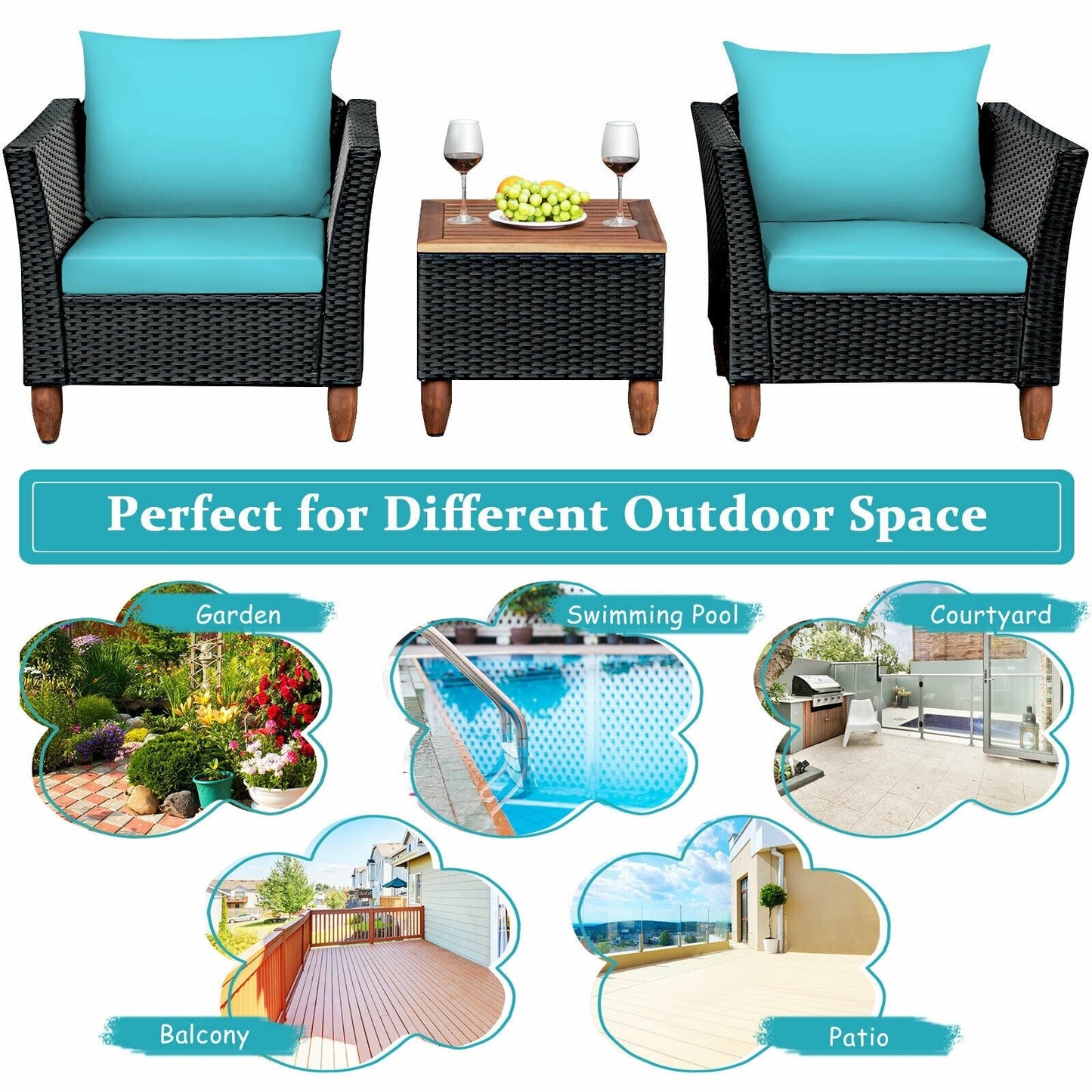 3 Pieces Outdoor Patio Rattan Furniture Set with Coffee Table, 1 BOX UNASSEMBLED - HW66532TU