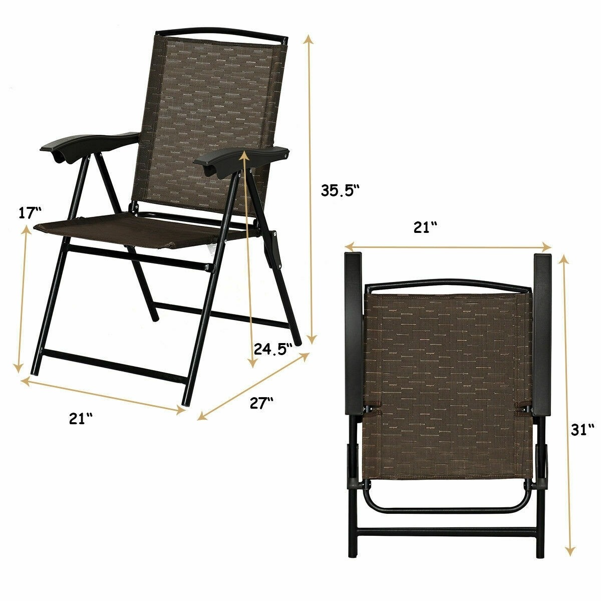 2 Pieces Folding Sling Chairs with Steel Armrest and Adjustable Back for Patio