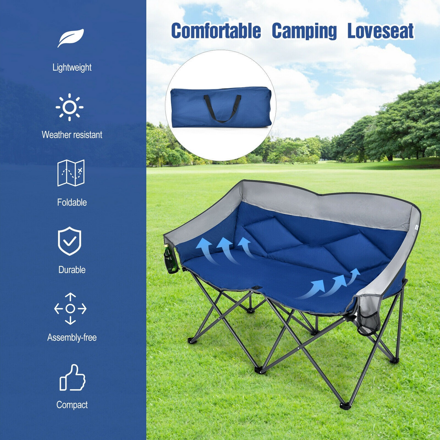 Camping Loveseat, Comfortable, blue, grey, fold up