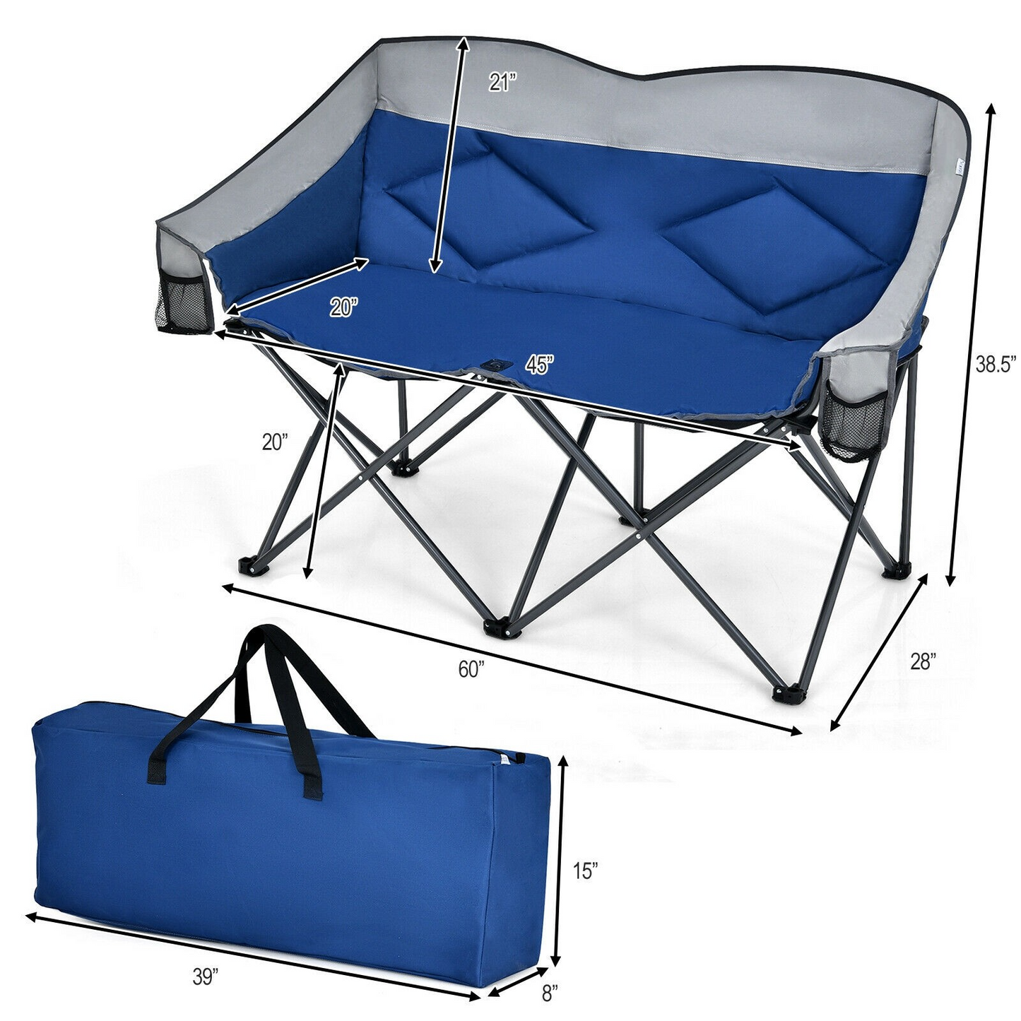 Camping Loveseat, Comfortable, blue, grey, fold up