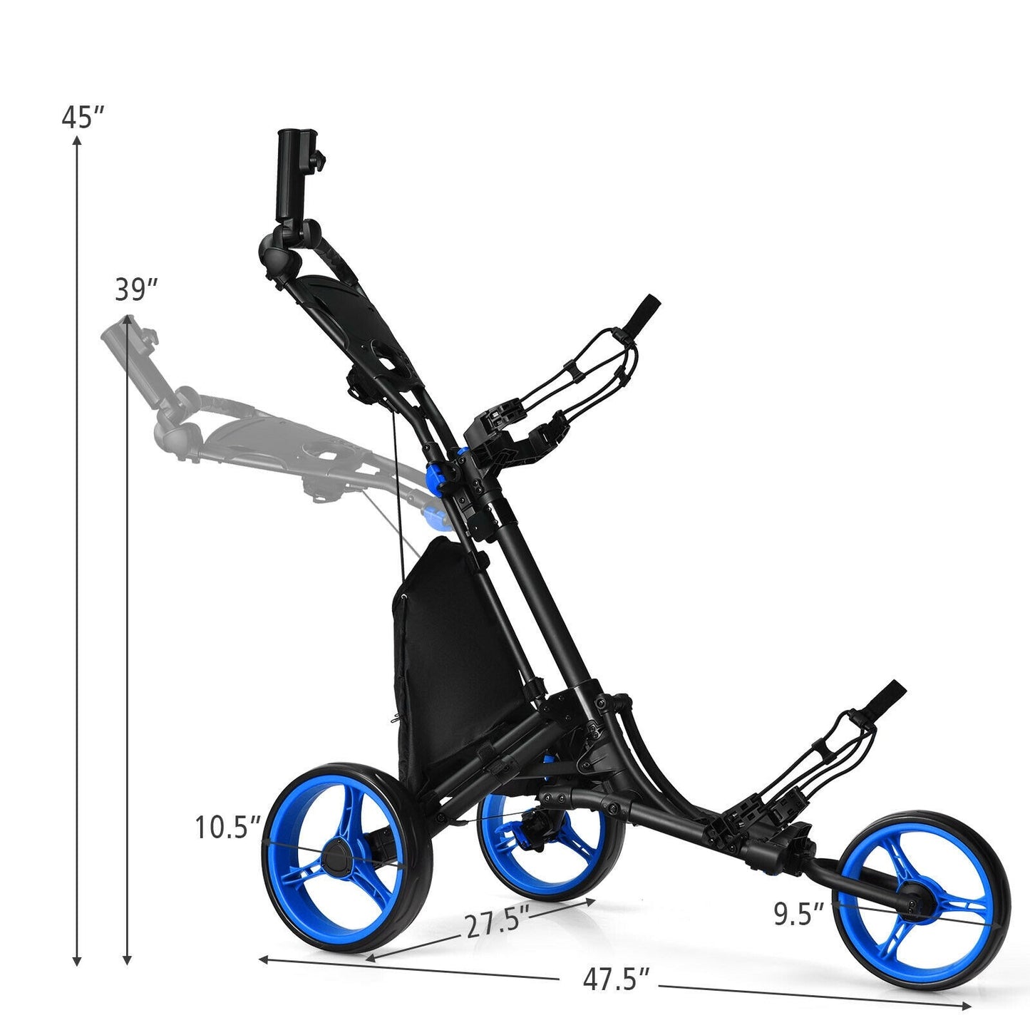 3 Wheels Folding Golf Push Cart With Seat Scoreboard And Adjustable Handle-Blue/black
