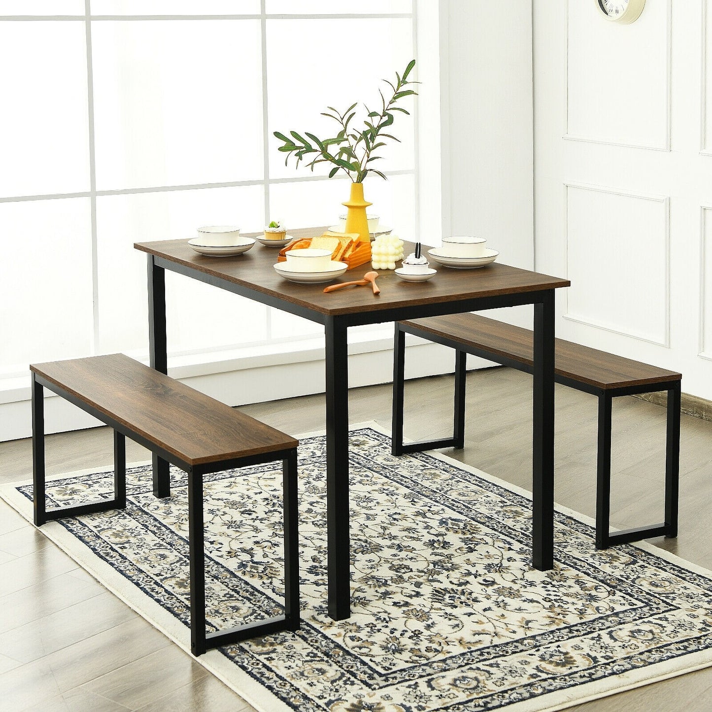 3 Pieces Kitchen Dining Table Set with 2 Benches - HW67617NA