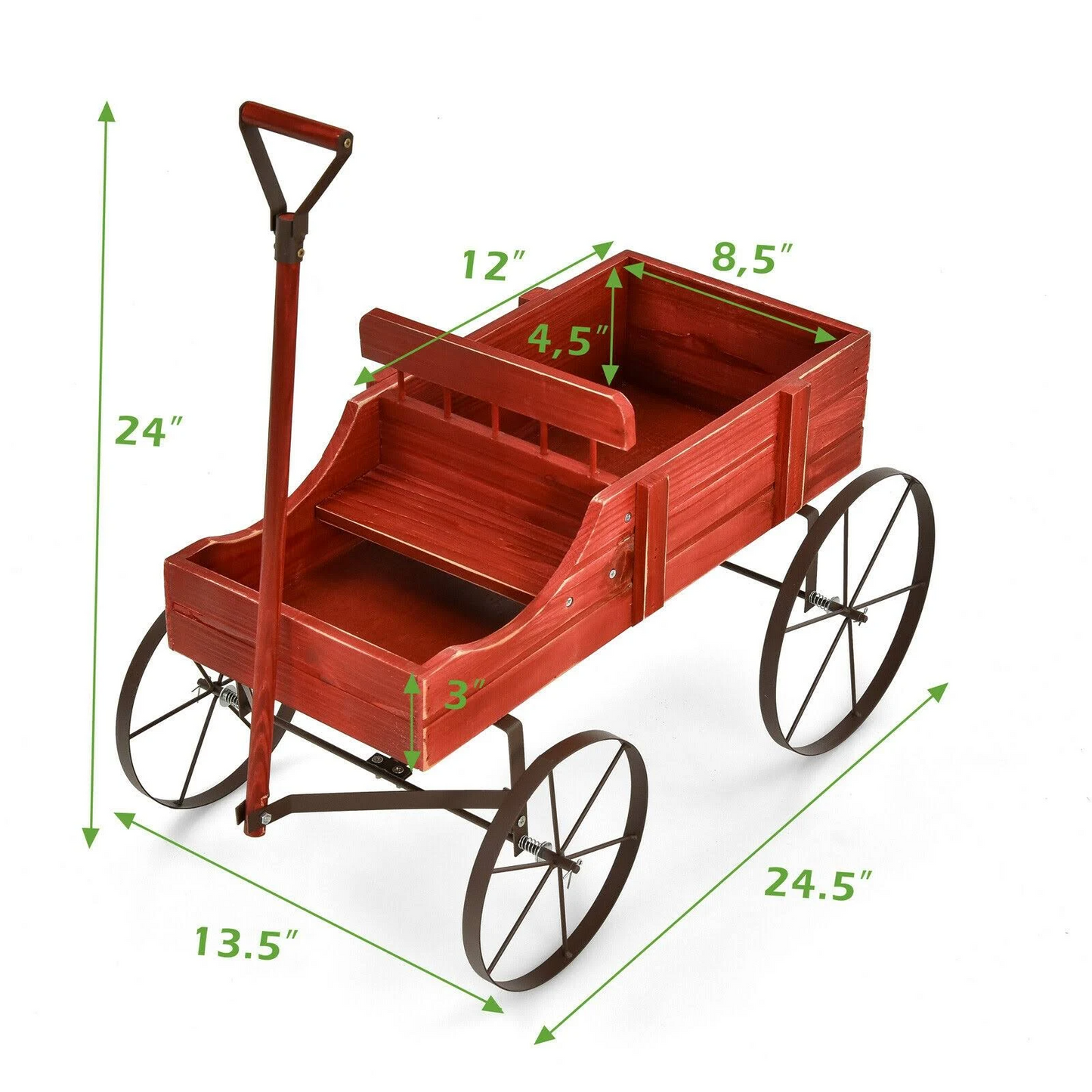 Wooden Wagon Plant Bed With Wheel for Garden, red