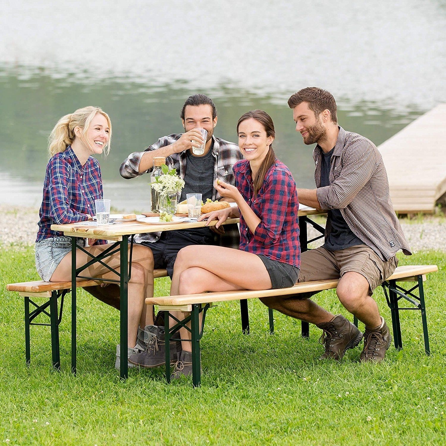 3 Pieces Folding Wooden Picnic Table Bench Set