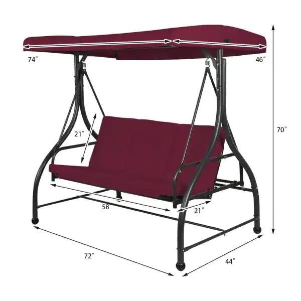 3 Seats Outdoor Swing Hammock with Adjustable Tilt Canopy *UNASSEMBLED/IN BOX*, reg $685.99 - OP3004WINE