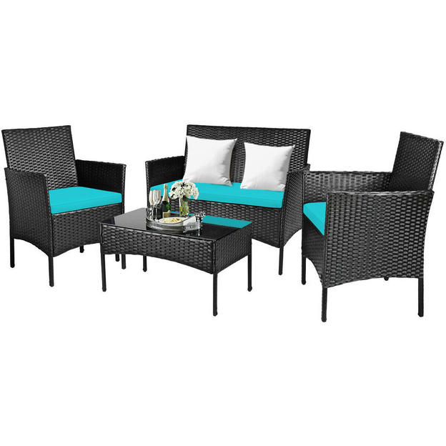 4-Piece Wicker Outdoor Sectional Set with Turquoise Cushions - *UNASSEMBLED/IN BOX* - HW65357TU