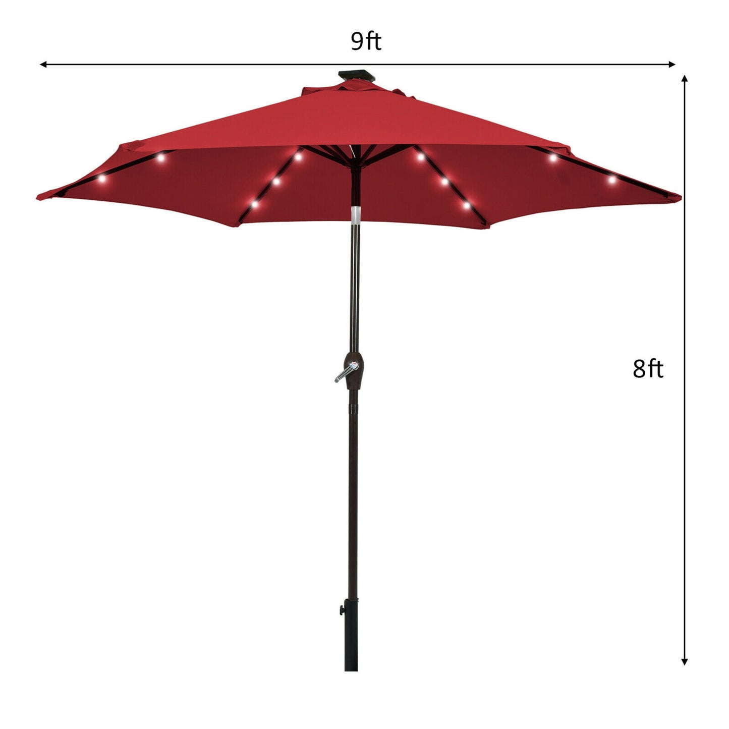 9' Solar LED Lighted Patio Market Umbrella Tilt Adjustment Crank Lift - Burgundy