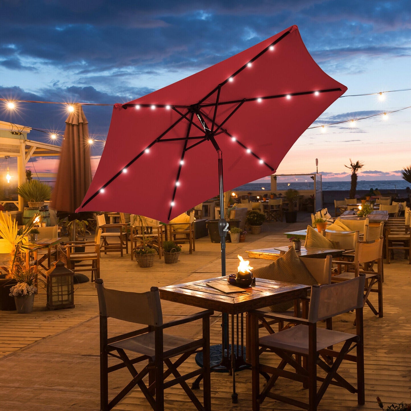 9' Solar LED Lighted Patio Market Umbrella Tilt Adjustment Crank Lift - Burgundy