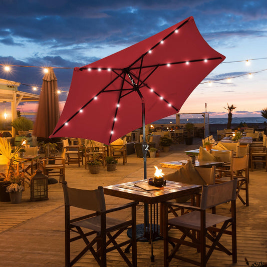 9' Solar LED Lighted Patio Market Umbrella Tilt Adjustment Crank Lift - Burgundy