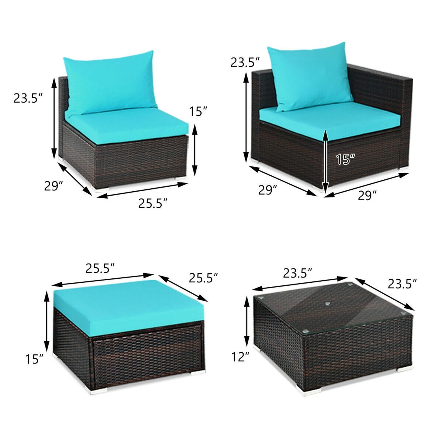 5 Pieces Patio Rattan Sectional Furniture Set with Cushions and Coffee Table, *2 BOXES/UNASSEMBLED*- TURQUOISE