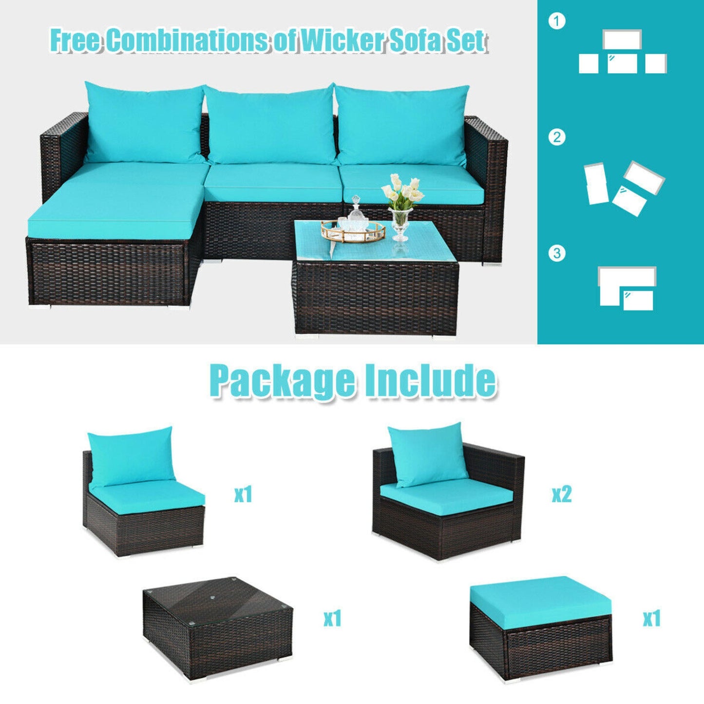 5 Pieces Patio Rattan Sectional Furniture Set with Cushions and Coffee Table, *2 BOXES/UNASSEMBLED*- TURQUOISE