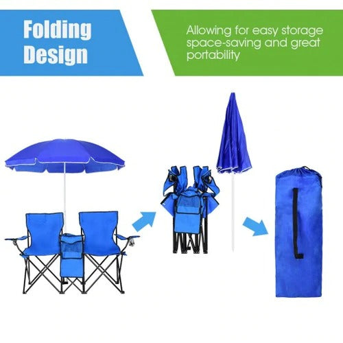 Portable Folding Picnic Double Chair With Umbrella and middle cooler bag