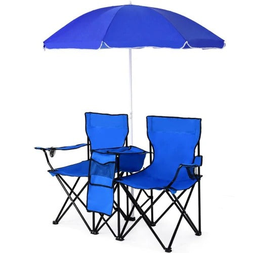 Portable Folding Picnic Double Chair With Umbrella and middle cooler bag