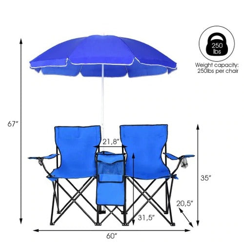 Portable Folding Picnic Double Chair With Umbrella and middle cooler bag