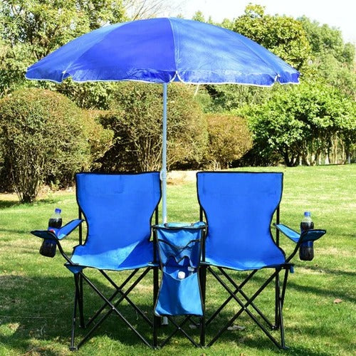 Portable Folding Picnic Double Chair With Umbrella and middle cooler bag