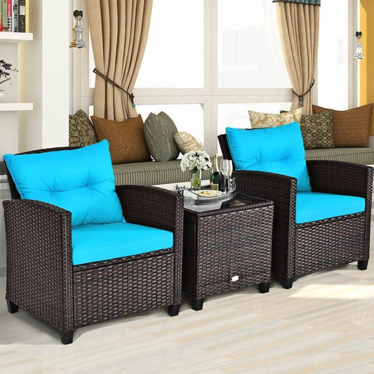 3 Pcs Patio Rattan Furniture Cushioned Conversation Set - TEAL